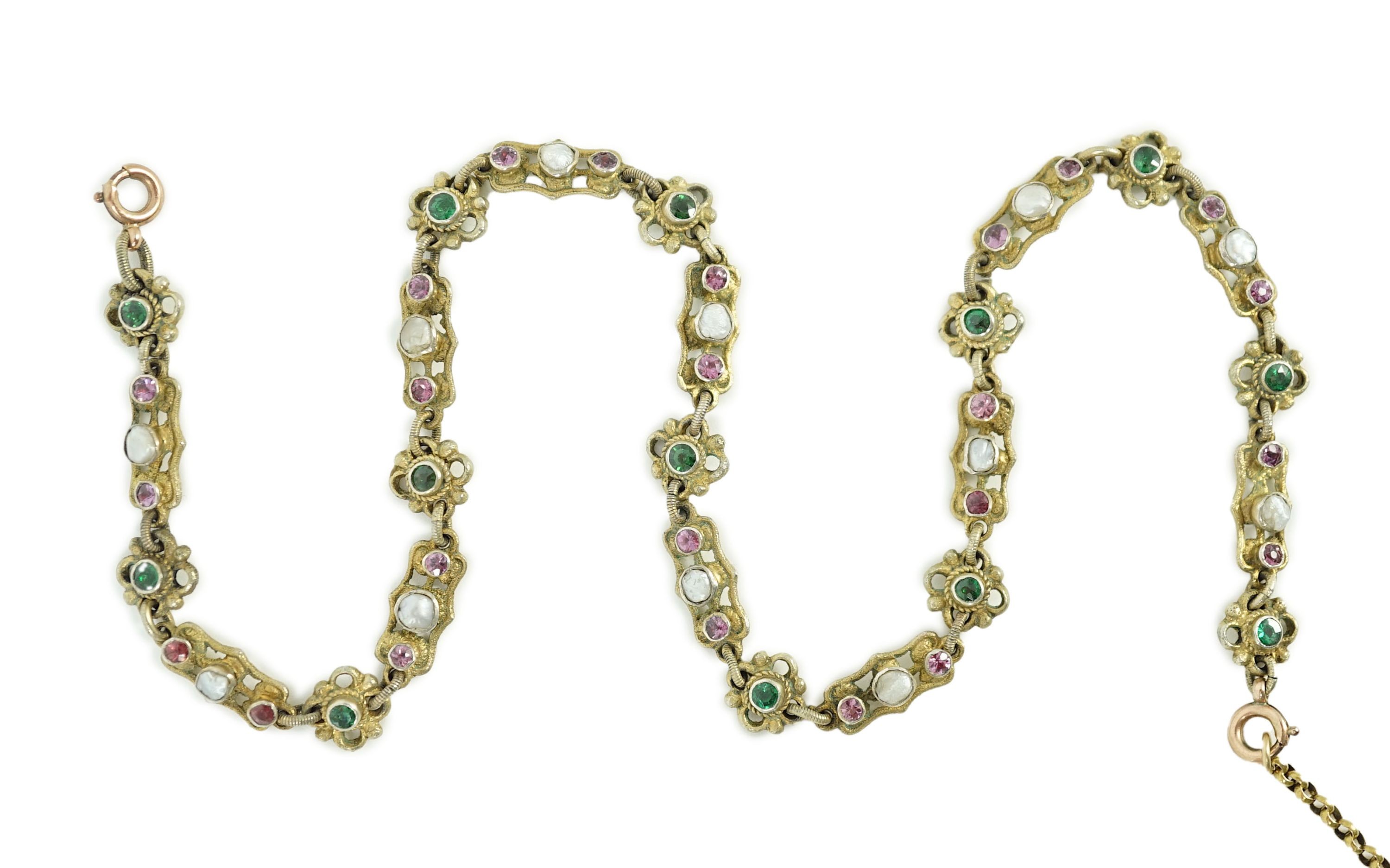 An early 20th century pierced and engraved silver gilt and gem set choker necklace, in the Suffragette colours